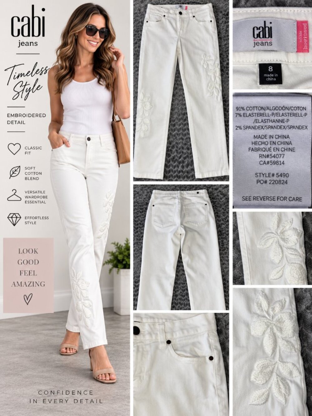 CAbi Woodstock Slim Boyfriend Jeans White Floral Embroidered  Women’s Size 8